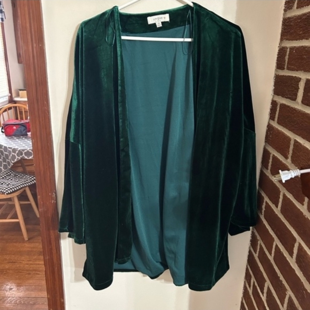 Umgee Teal Green Velvet-Trim Open Cardigan